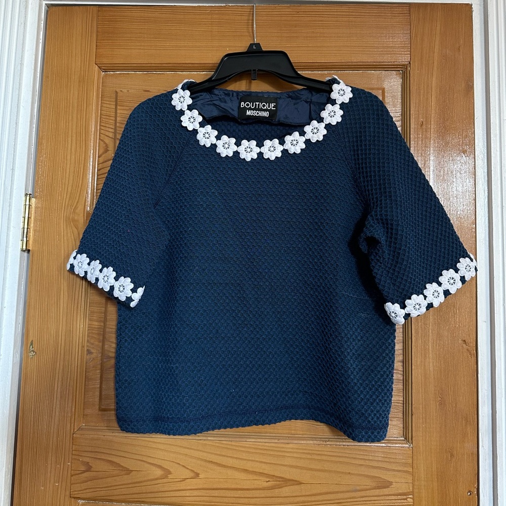 Moschino Navy Blue Top with White Floral Trim